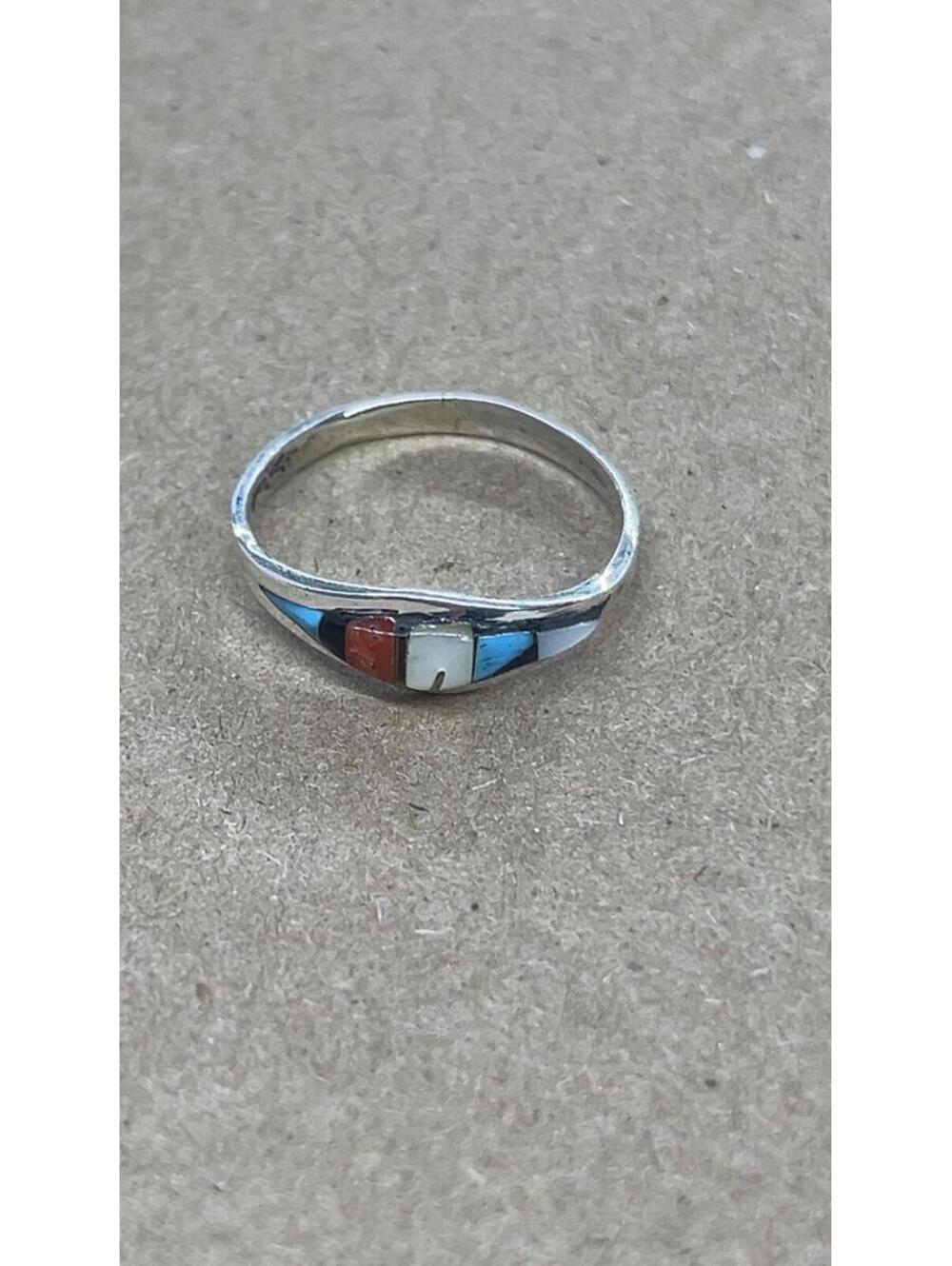 Zuni sterling silver turquoise coral inlay traditional ring size 8